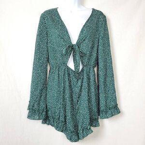 SHEIN Green Polka Dot Tie Front Ruffle Romper Size L